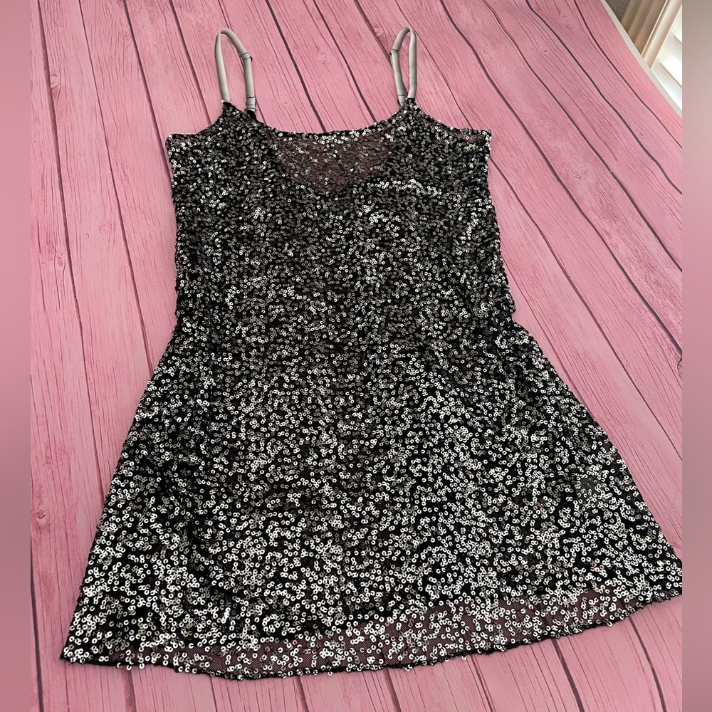 Free People Black and Silver Sequin Sheer Slip Mini Dress Size Medium